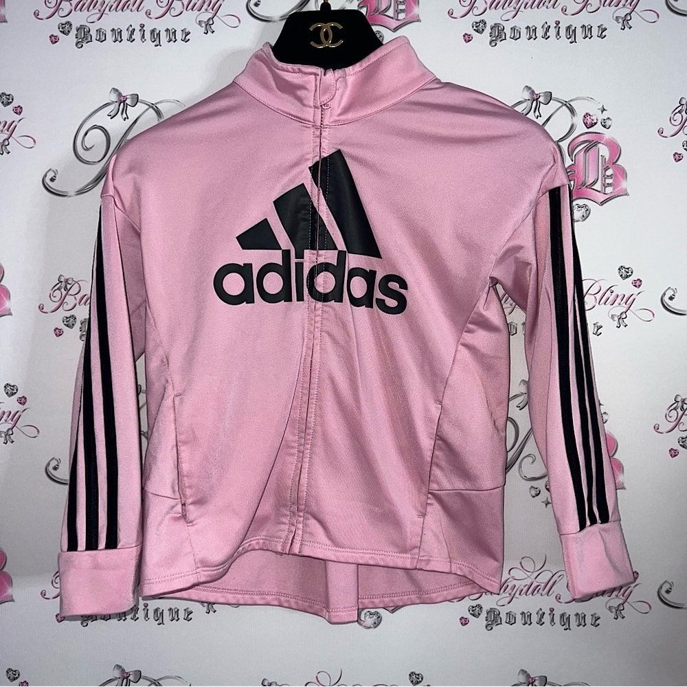 Adidas tracksuit top sweater zip up pink striped classic on arms bubblegum pink